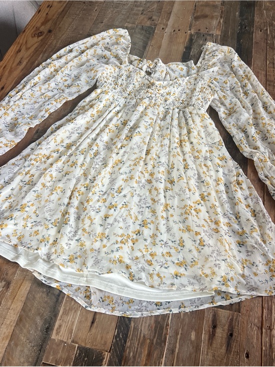 Dresses & Skirts - White Floral Smocked Babydoll Dress - Yellow Flower Print